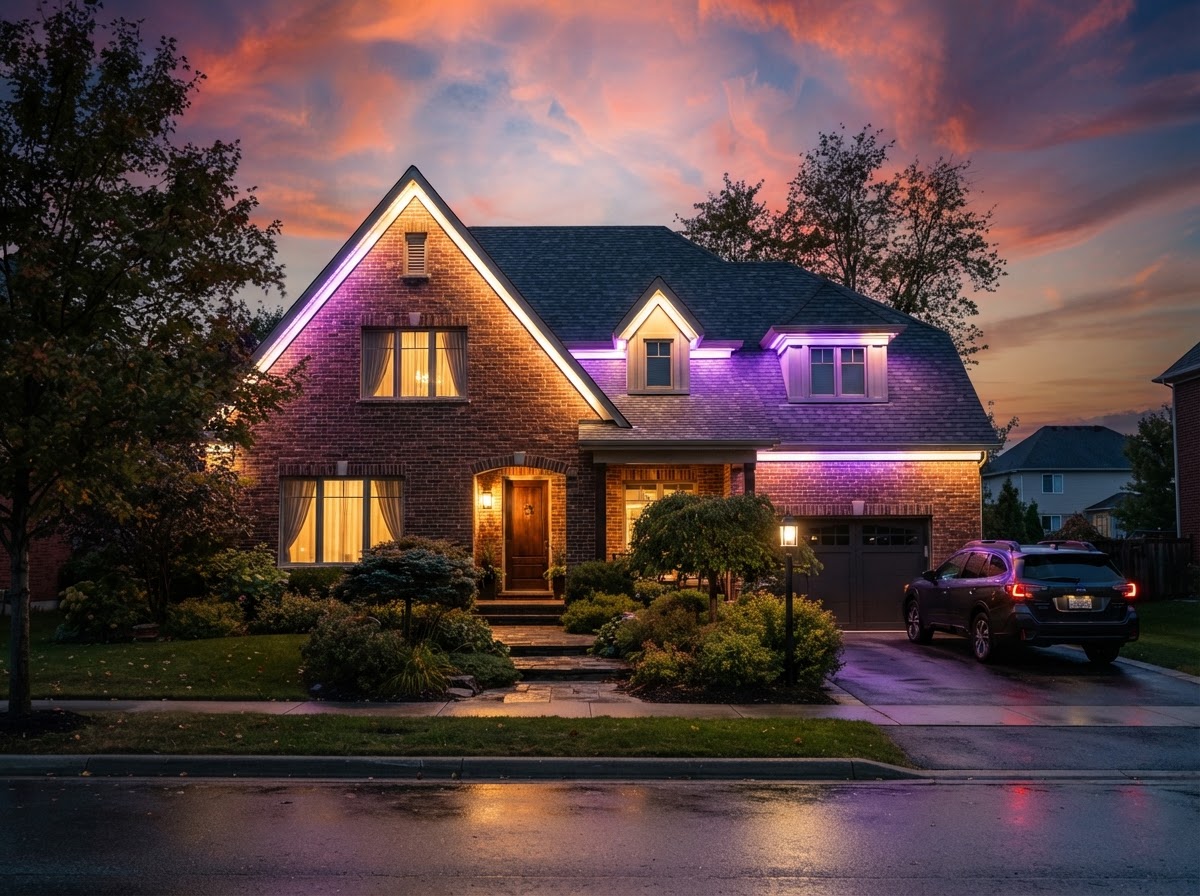Brick home at dusk with warm white and violet roofline LED lighting