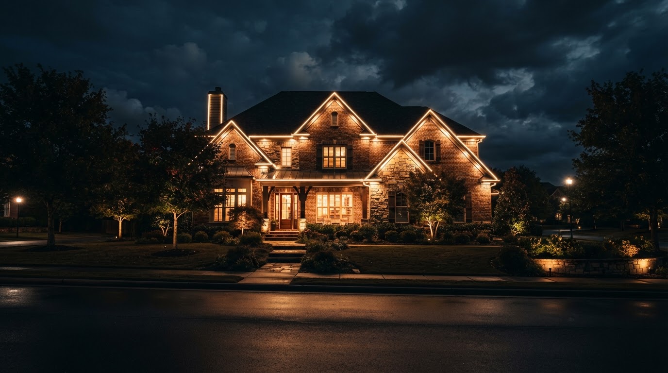 Home lit in red and green holiday colors