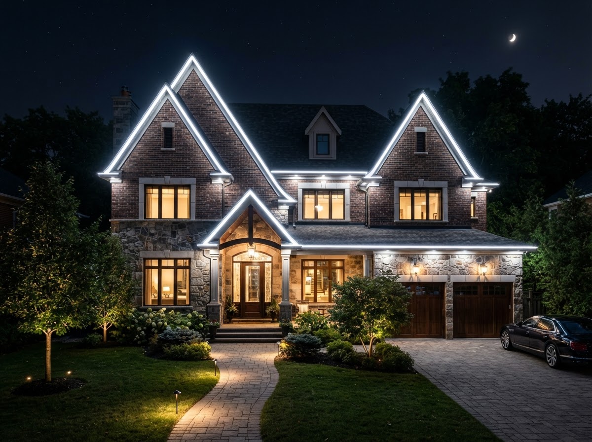 Two-peak brick and stone home with crisp white Ember roofline lighting
