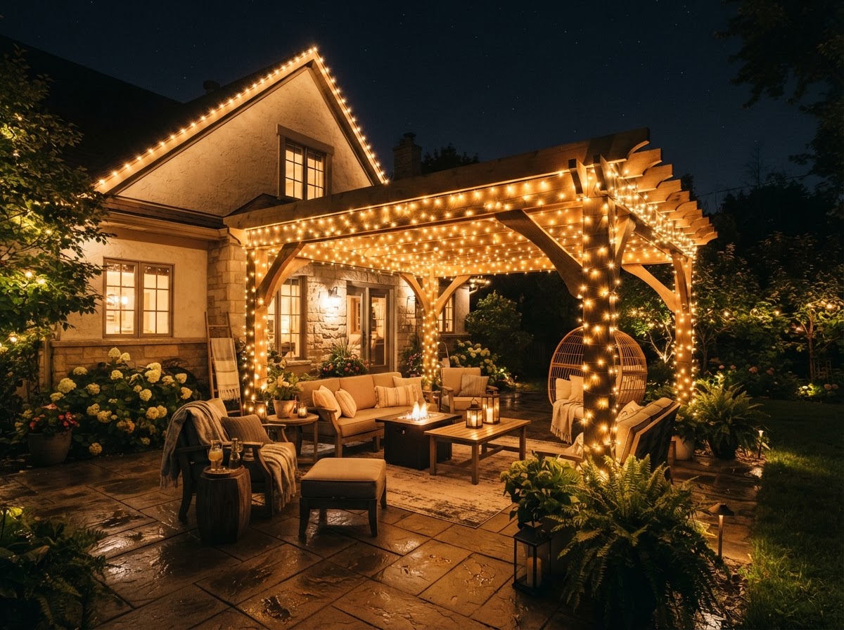Back patio pergola and roofline wrapped in warm white Ember lighting