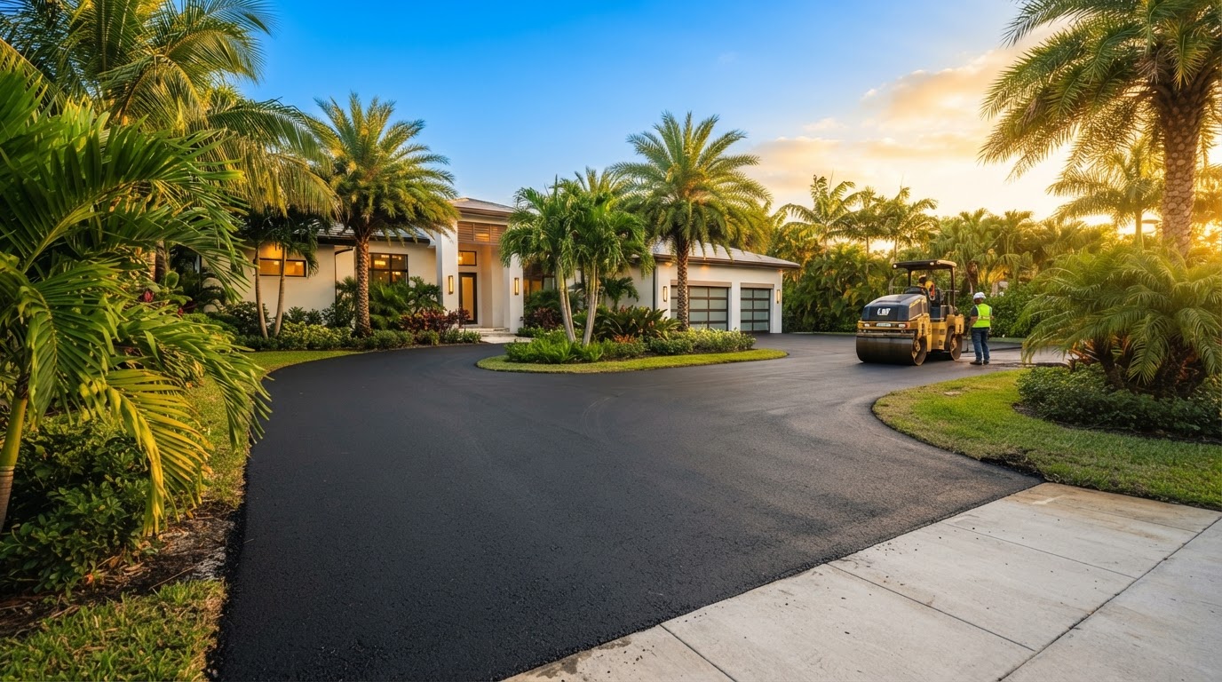Freshly laid brick paver driveway in Miami with a clean herringbone pattern and palm trees