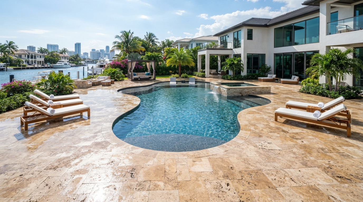 Travertine pool deck paver installation around a swimming pool in Miami