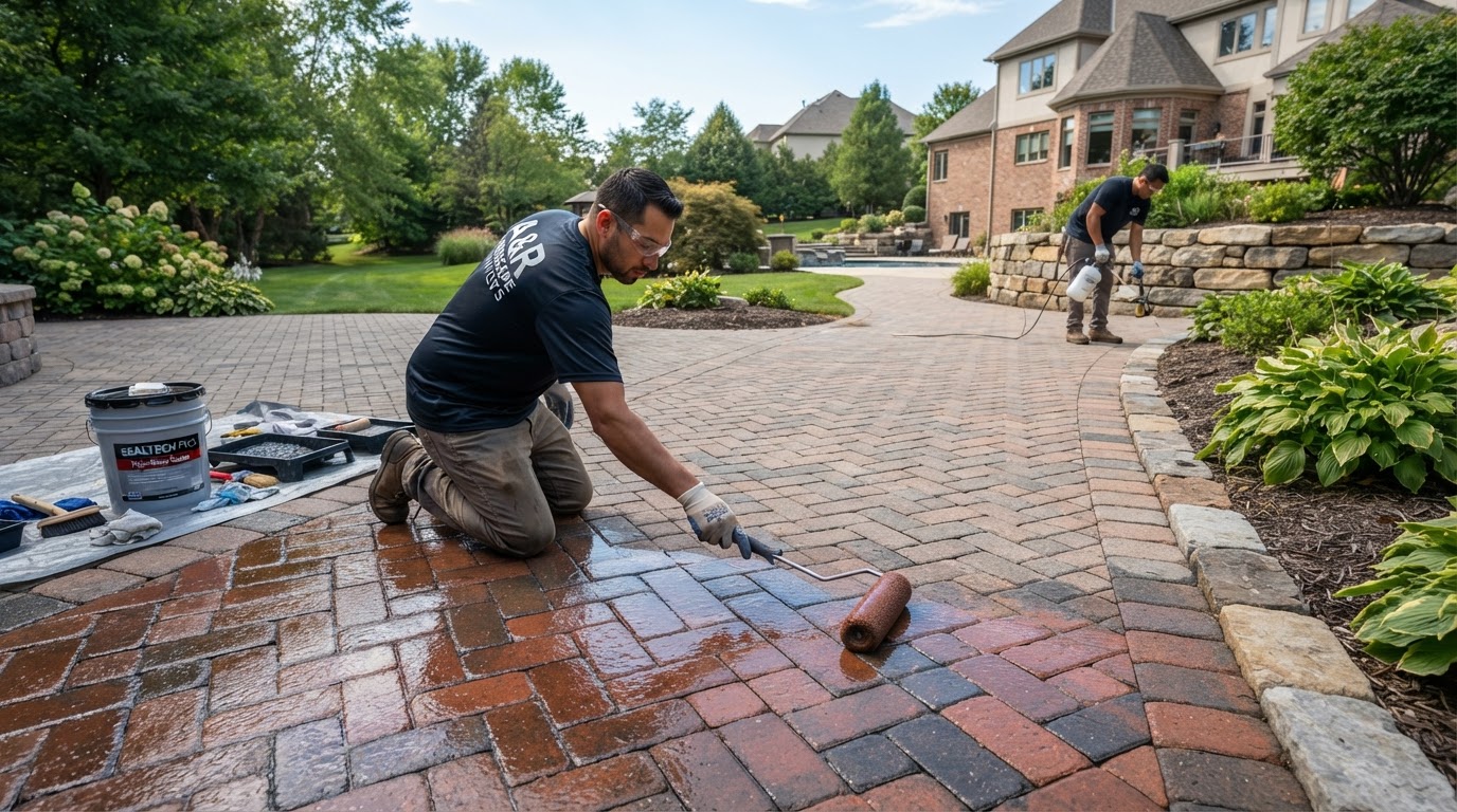Paver sealing and restoration work applying sealer to interlocking pavers