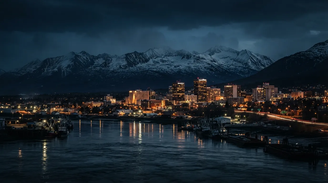 Anchorage, Alaska skyline at dusk — cinematic dark establishing shot