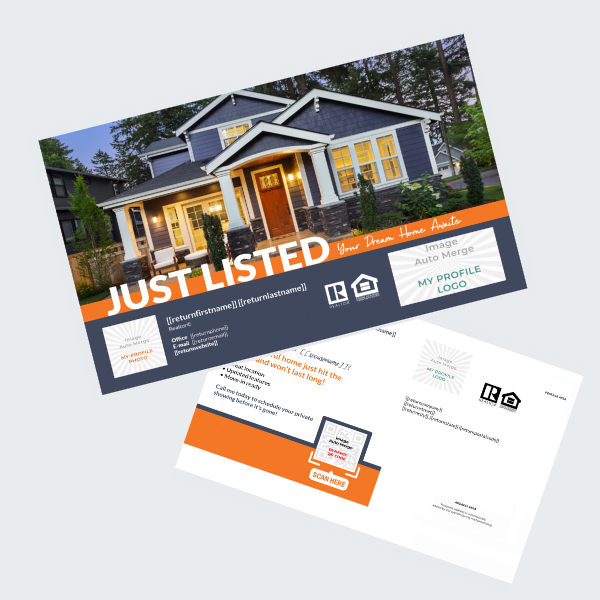 Example of a personalized real estate postcard showing front and back with merge fields, QR code, and custom branding