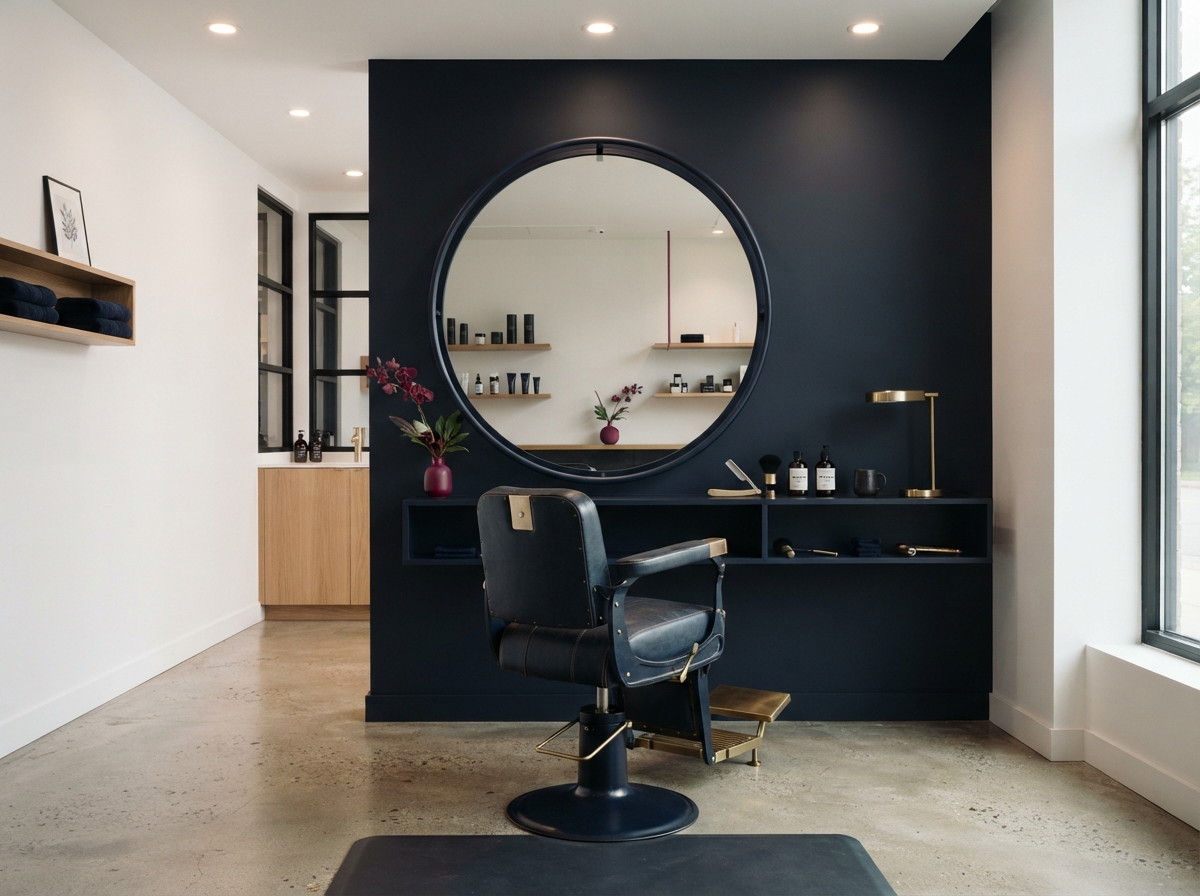 Modernes, stilvolles Barbershop-Interieur mit Spiegeln, Friseurstühlen und Arbeitsplätzen
