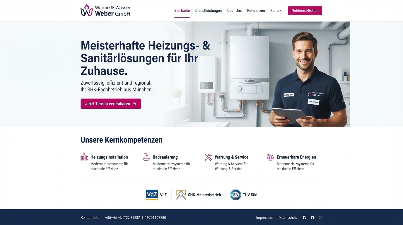 Beispiel-Startseite eines Heizungsbauers – Demonstrationsauftritt von Seitenfundament Marburg