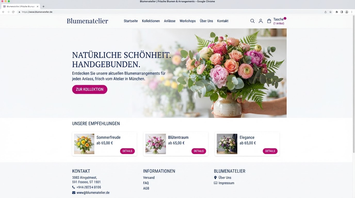 Beispiel-Startseite eines Blumenateliers – Demonstrationsauftritt von Seitenfundament Marburg