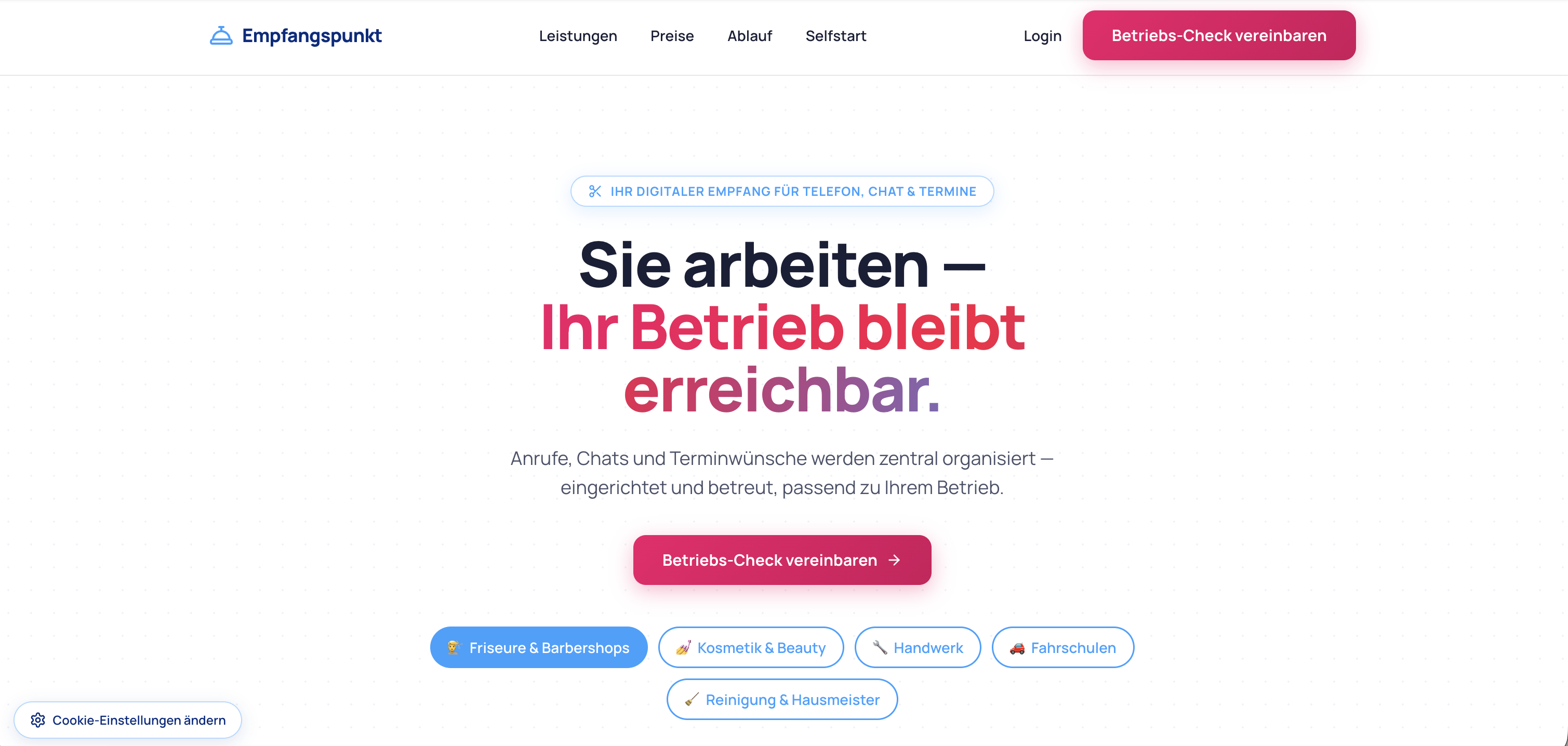 Startseite von Empfangspunkt – digitaler Empfang für Telefon, Chat & Termine