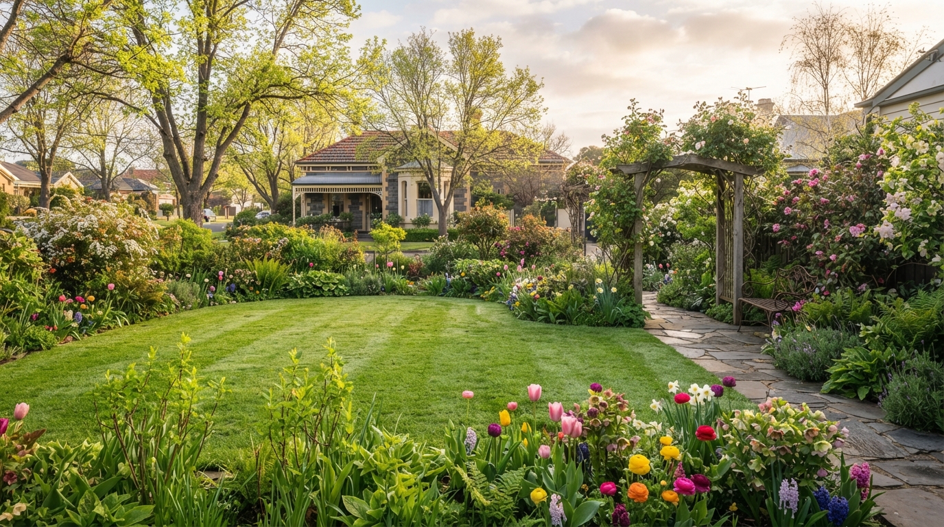 Fresh spring growth and flowering plants in a Melbourne garden