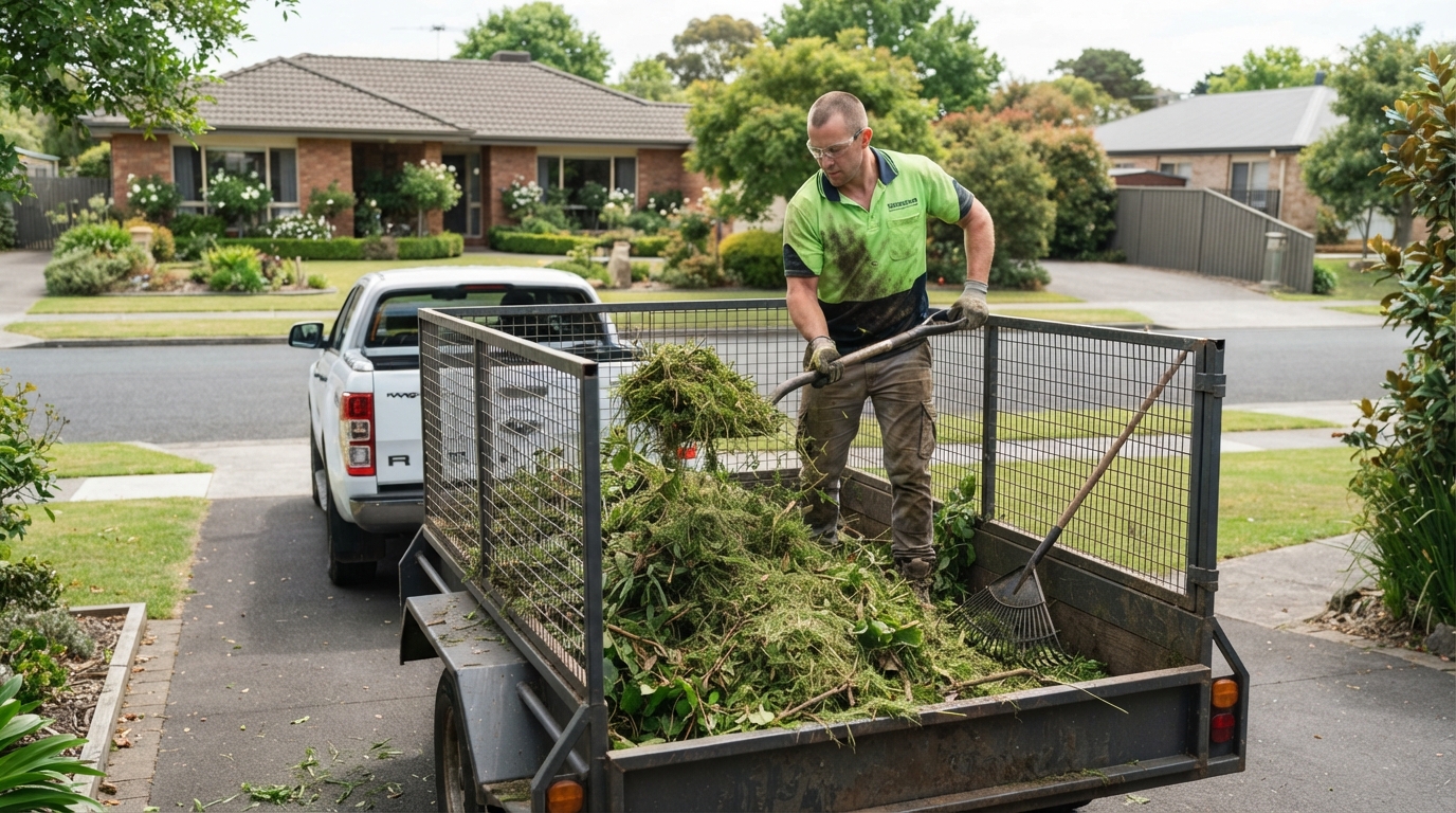 Professional green waste removal service loading garden debris and branches in Melbourne