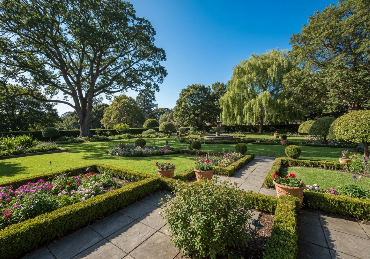 A well-maintained prestigious garden in Eaglemont Melbourne, featuring manicured lawns, mature trees, and beautiful landscaping