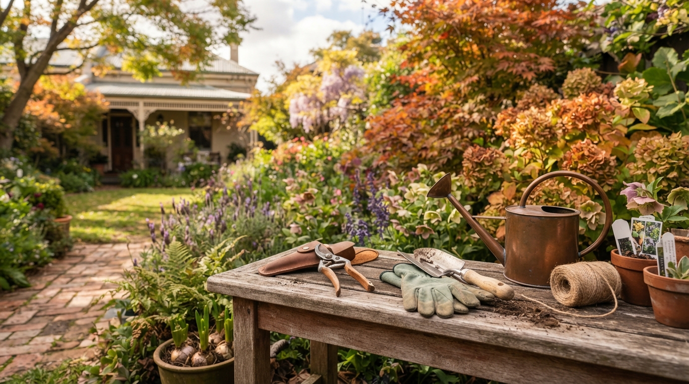 Seasonal garden maintenance tools neatly arranged in a well-kept Melbourne garden