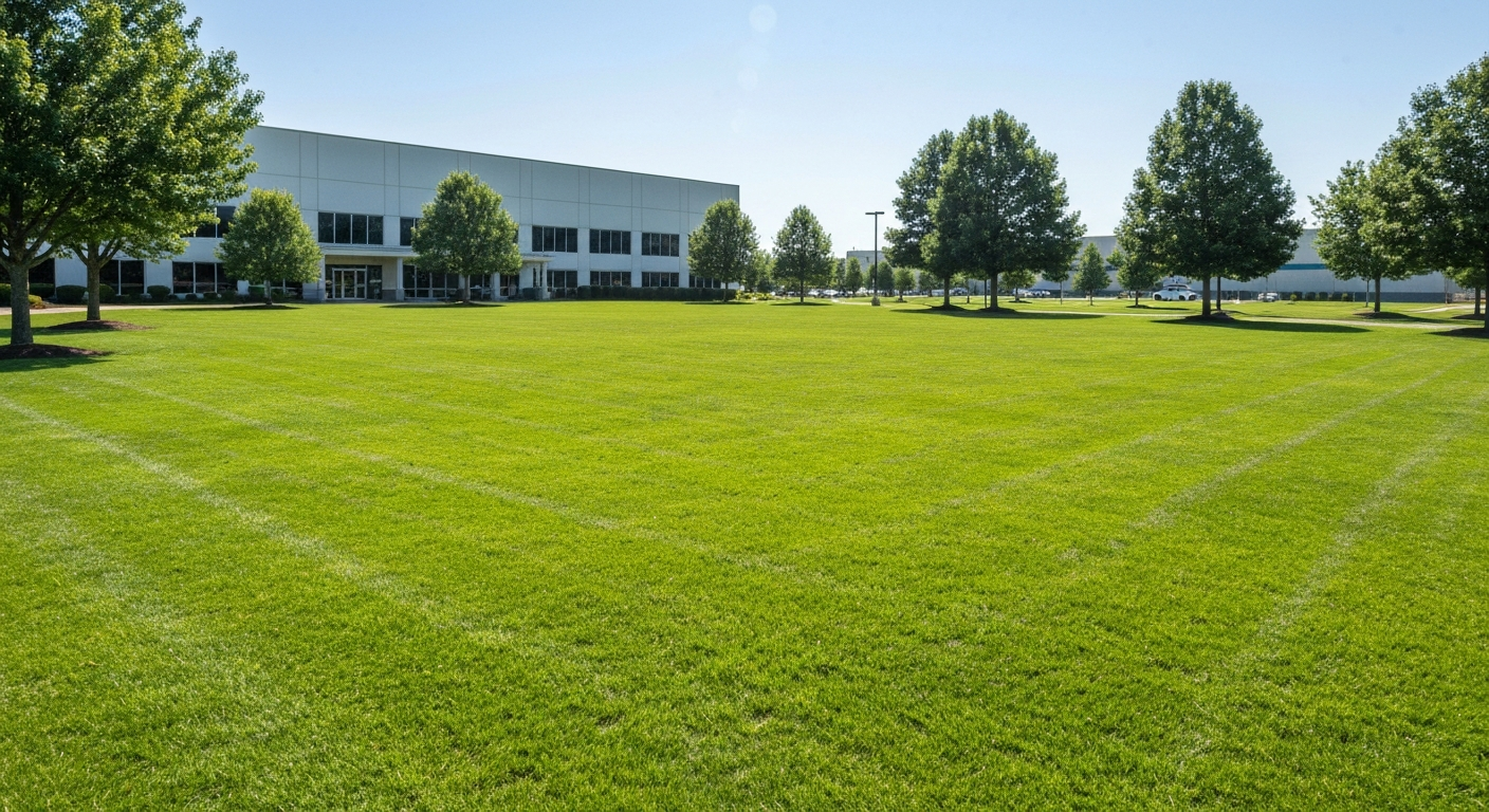 Commercial lawn maintenance team working on a large property