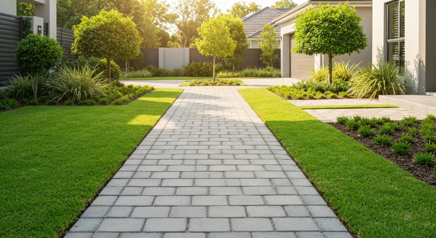Clean, weed-free paver pathway lined with neat grass edges