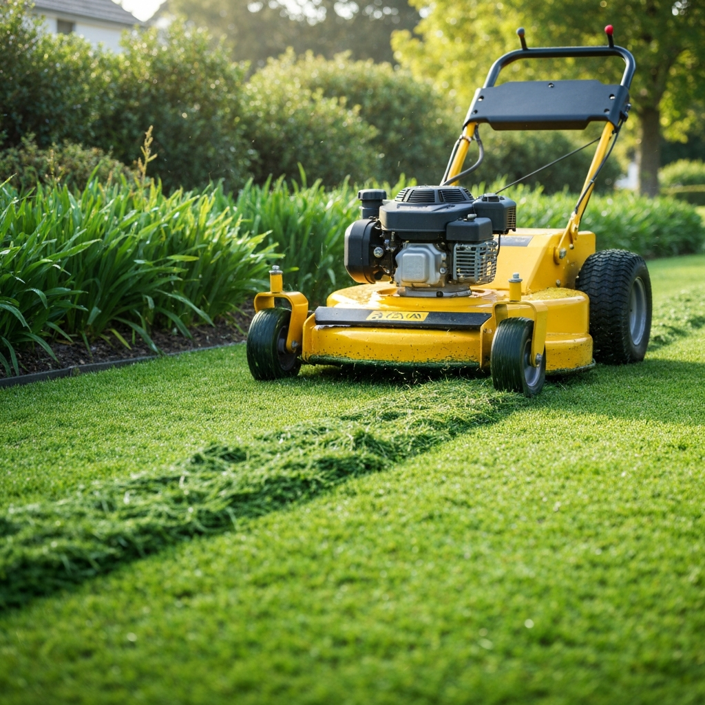 Close up of a professional lawn mower cutting thick healthy green grass with precision edging along a path in a leafy Melbourne suburb