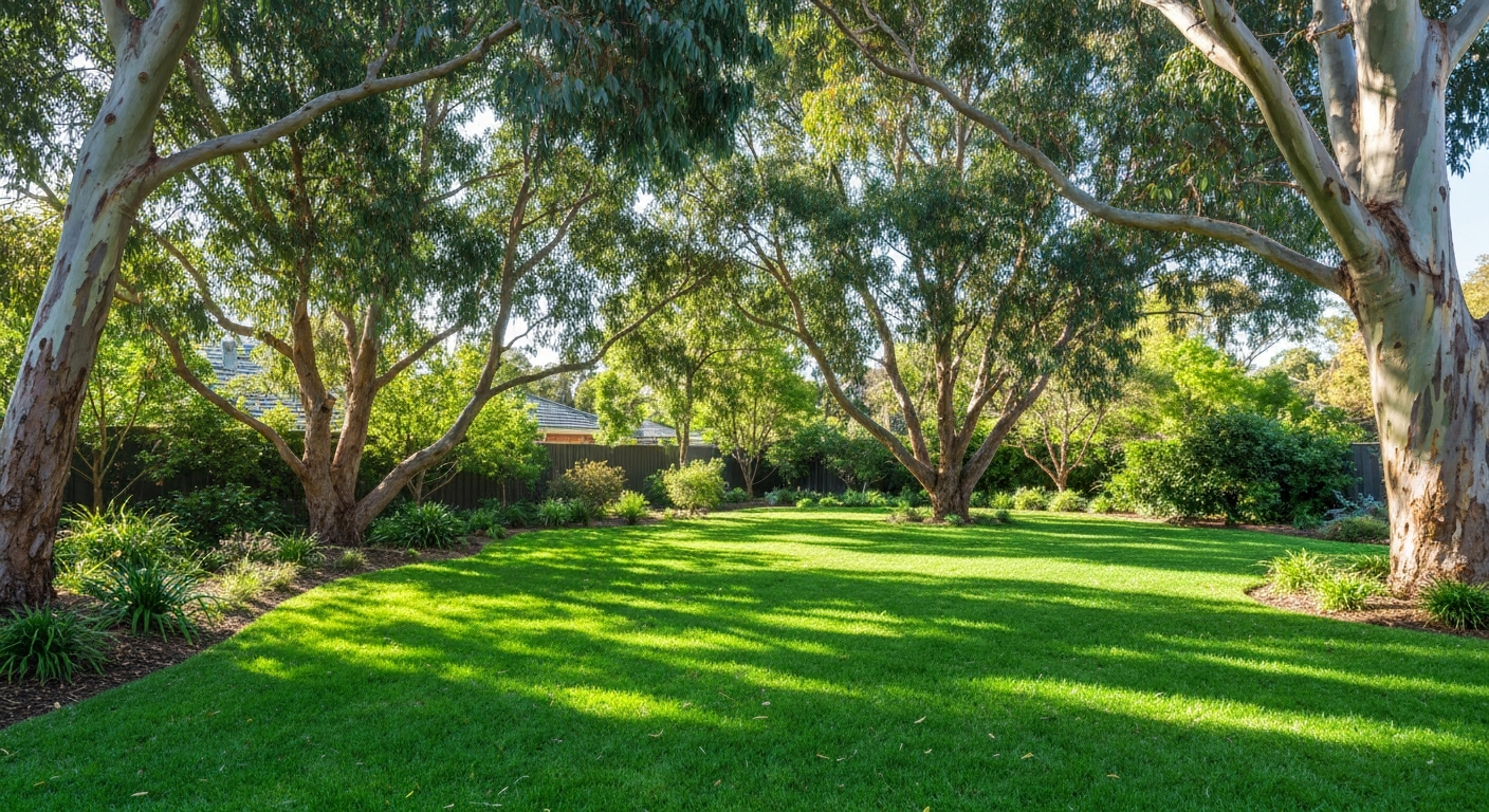 Lush green lawn under the shade of mature eucalyptus trees in a Rosanna residential garden