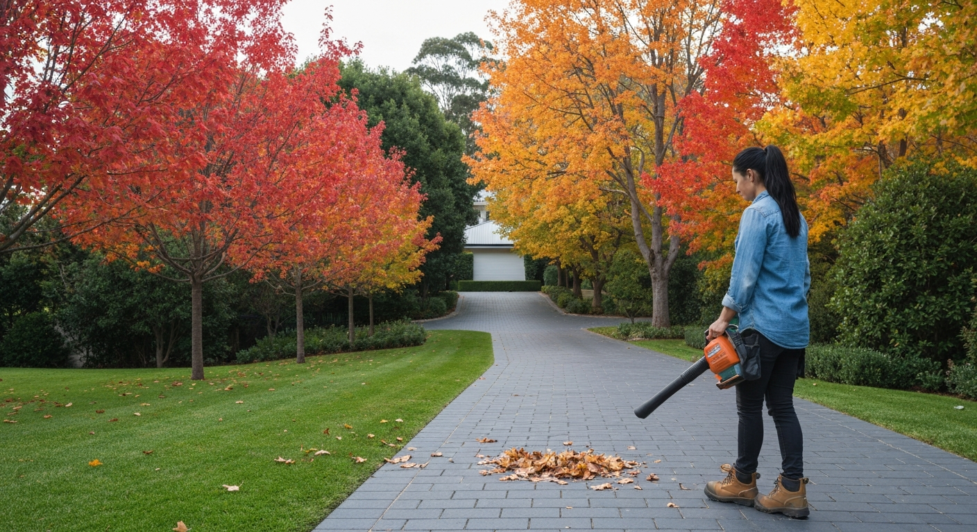 Professional landscaper blowing autumn leaves from a sweeping driveway of a prestigious Kew property