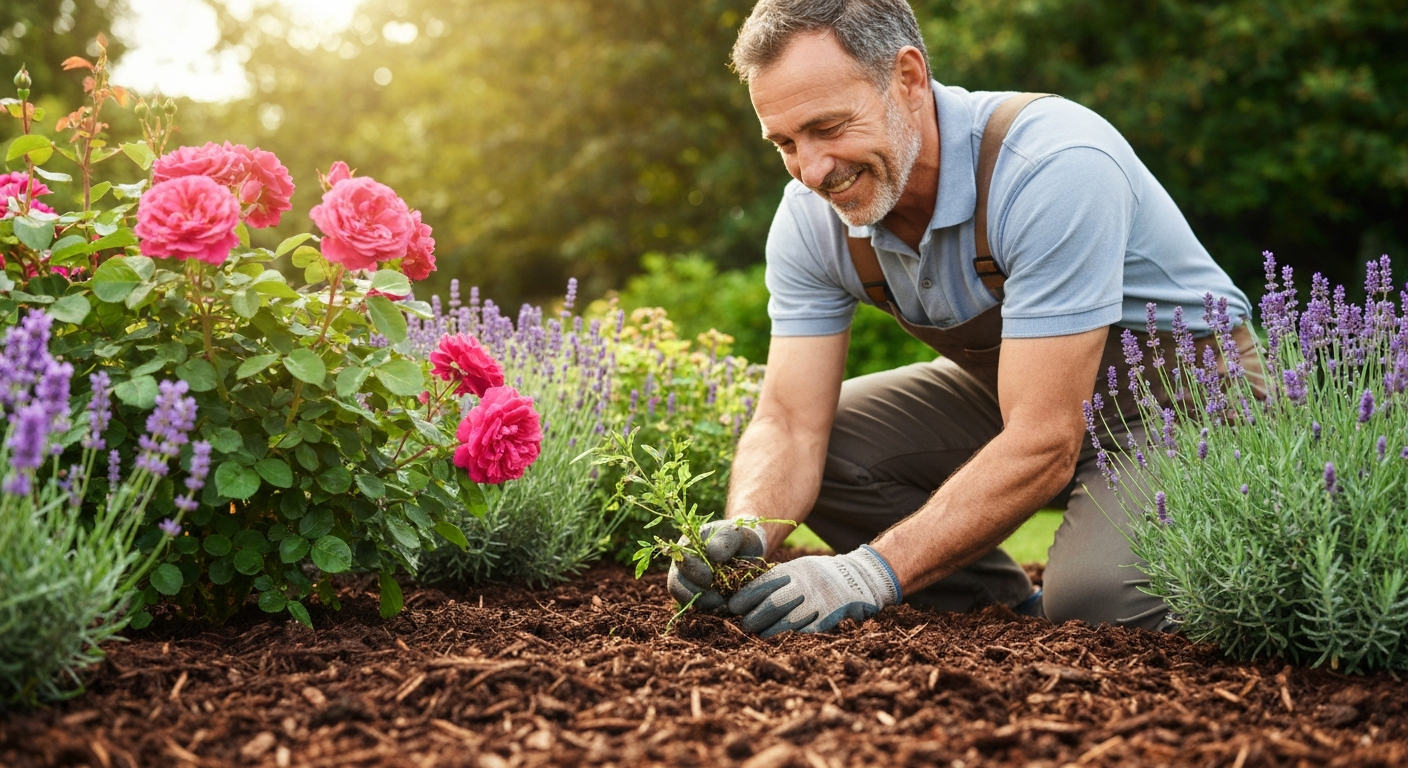 Professional gardener carefully removing weeds around beautiful flowering plants in a garden bed