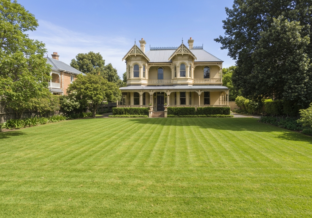 A perfectly mowed lush green lawn at an architecturally significant heritage home in Eaglemont Melbourne