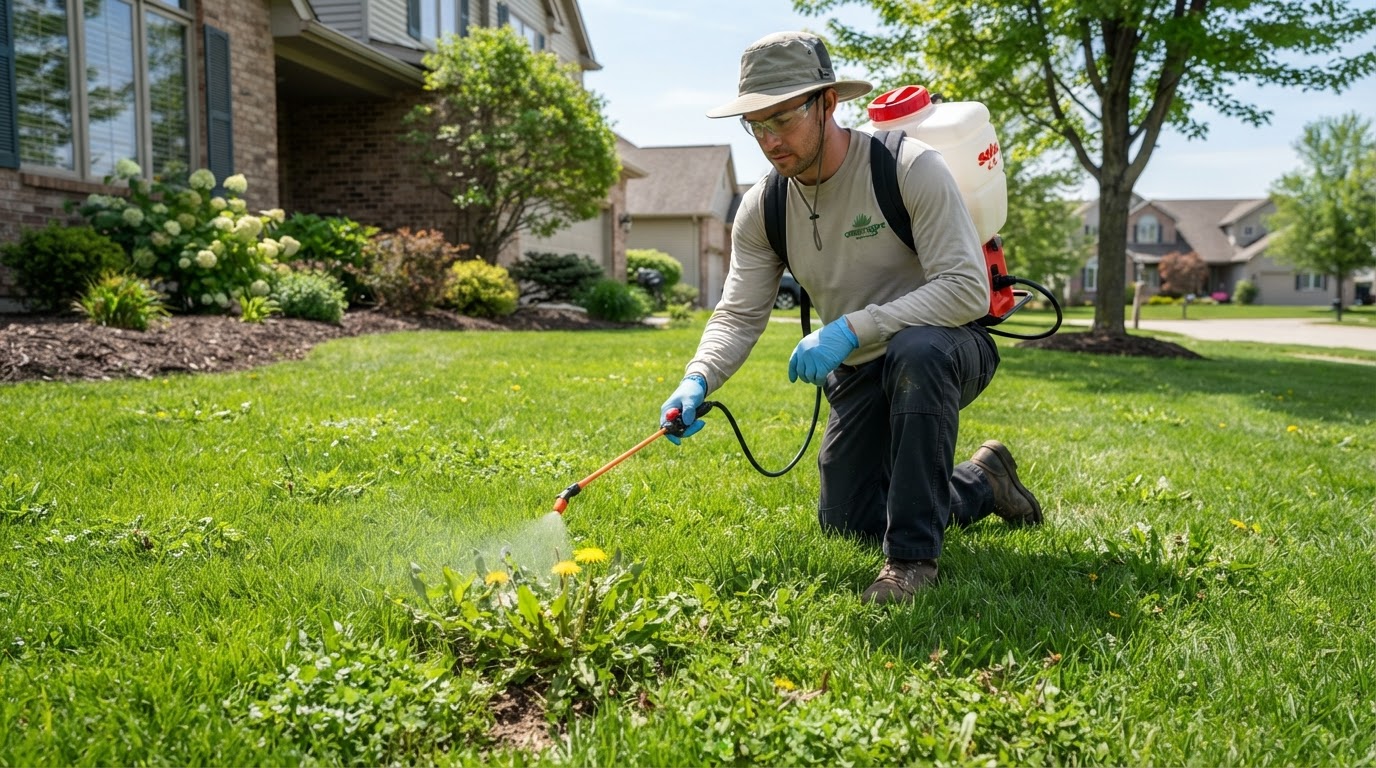 Professional gardener carefully inspecting and treating weeds in a lush green lawn