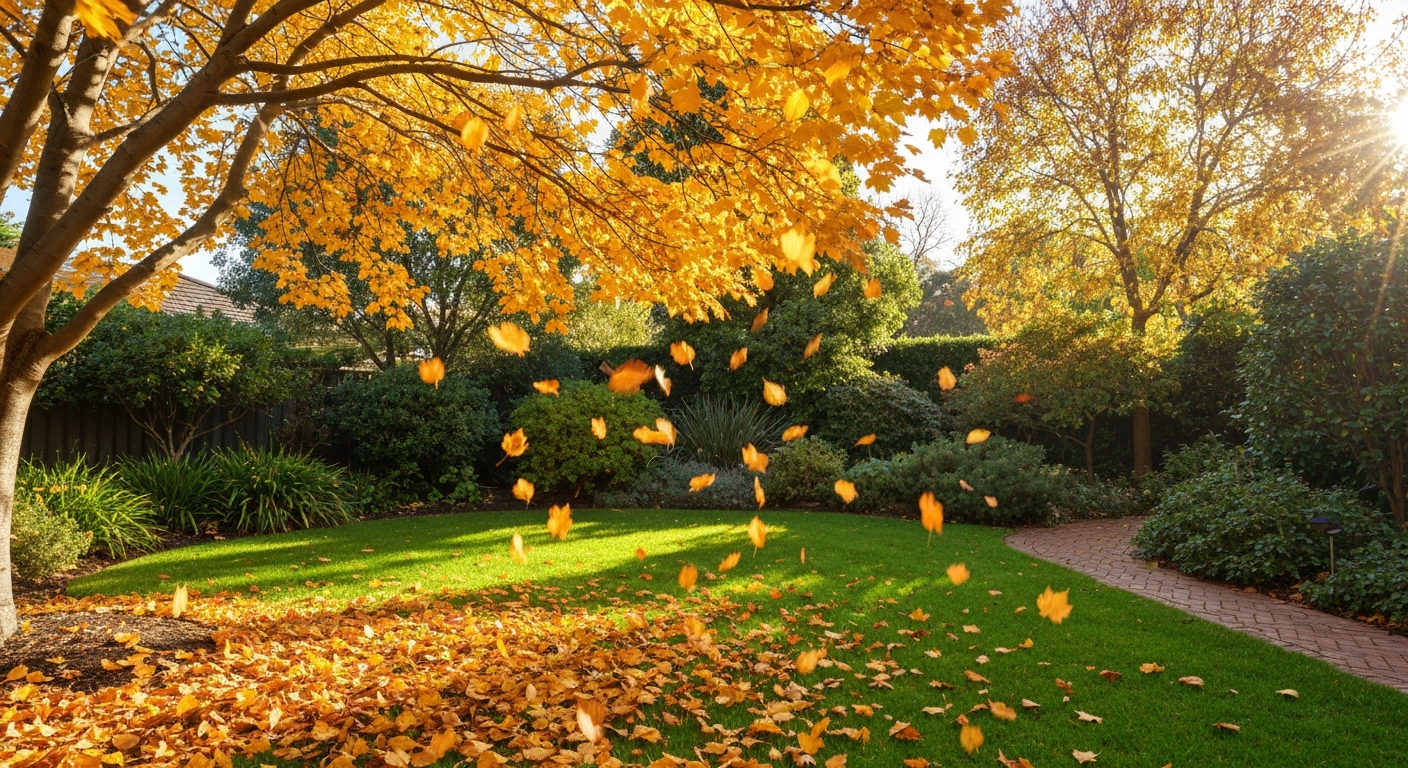 Autumn leaves falling in a garden