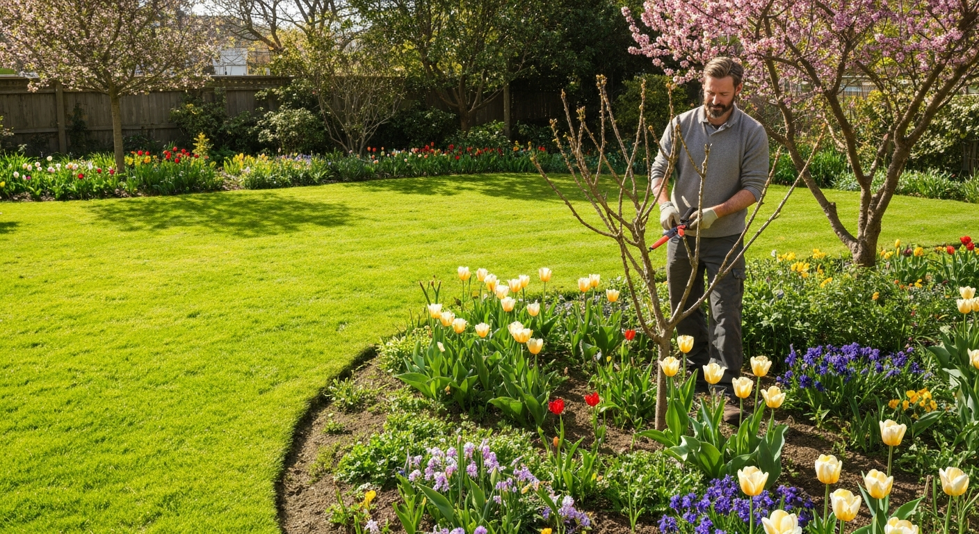 Spring garden maintenance with blooming flowers