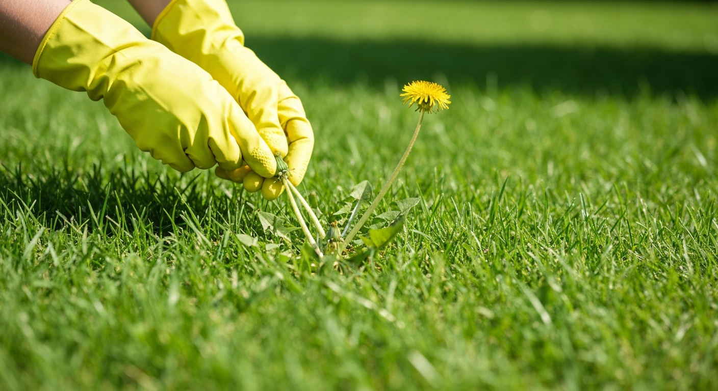 Close-up of a professional gardener carefully pulling a weed from a thick, healthy green lawn