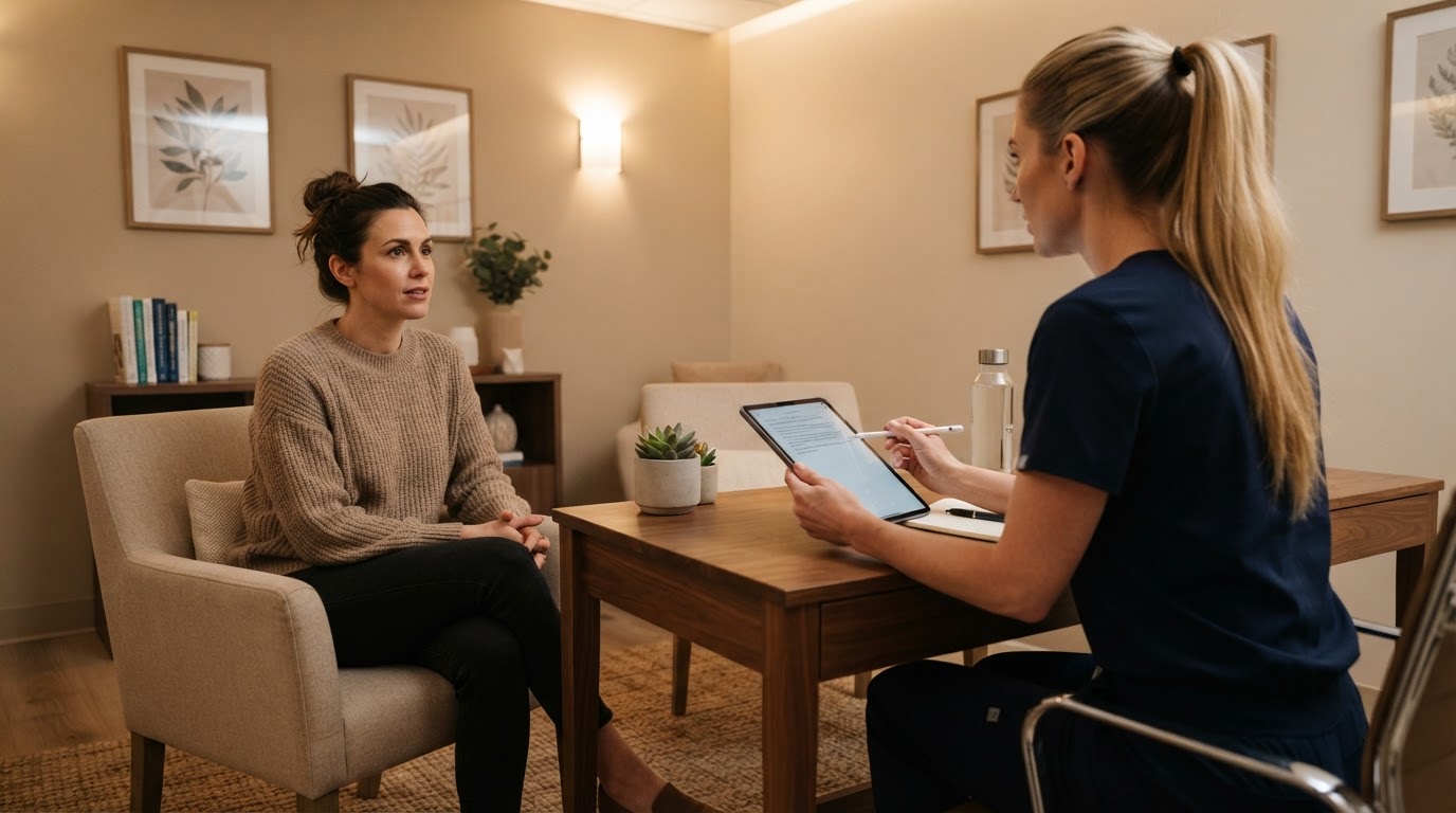 Integrative medicine provider with blonde ponytail in consultation with patient at desk with warm lighting and beige walls