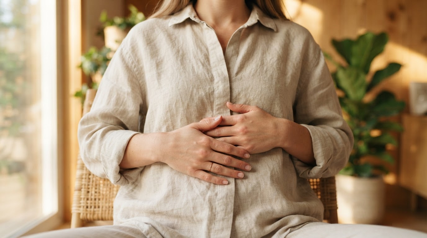 Hands gently resting over stomach in calm supportive pose