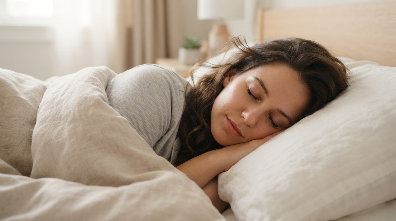 Peaceful woman sleeping comfortably on soft pillow
