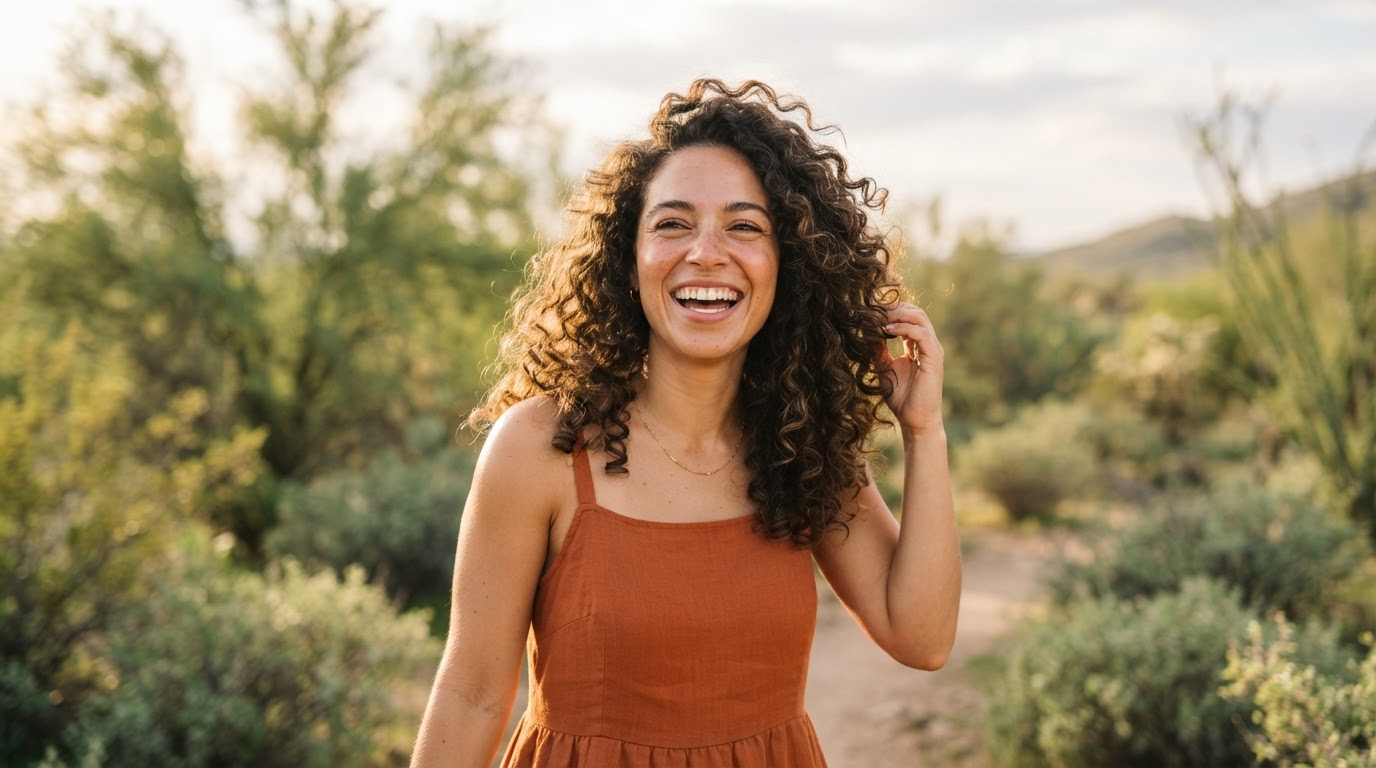 Smiling woman radiating vitality and healthy energy