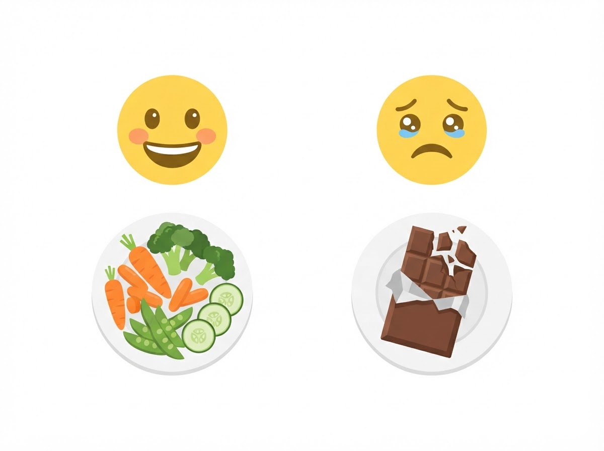 Food sensitivity comparison: happy face with a plate of carrots and vegetables, unhappy face with an open chocolate bar