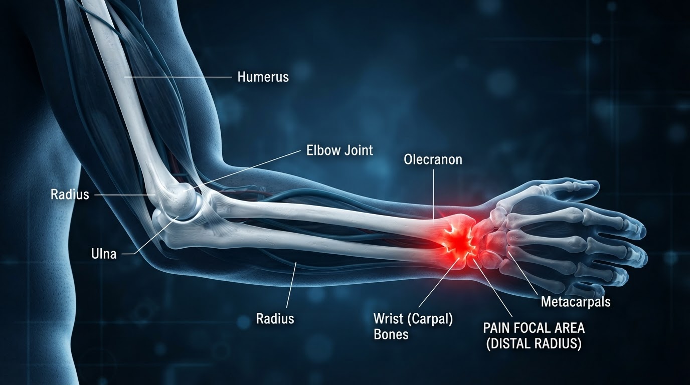 Anatomical render of arm, elbow and wrist joint chiropractic care