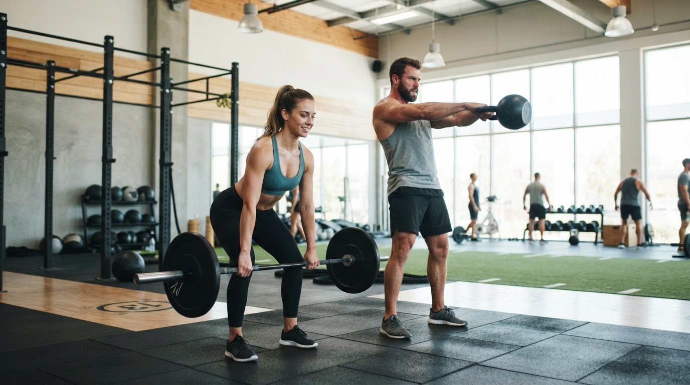 Man and woman working out together at a modern gym