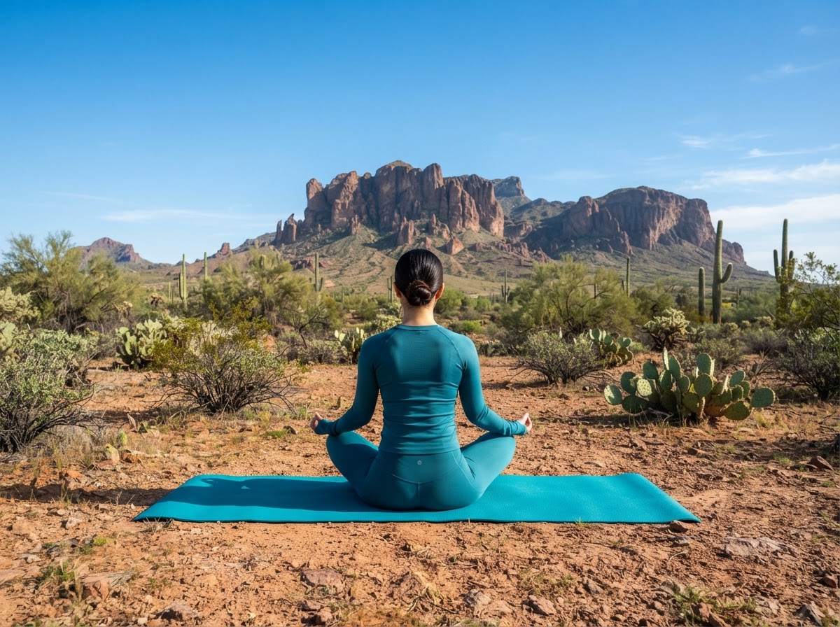 Woman in teal outfit sitting cross-legged in meditation on a teal mat in the Arizona desert with mountains, back to camera