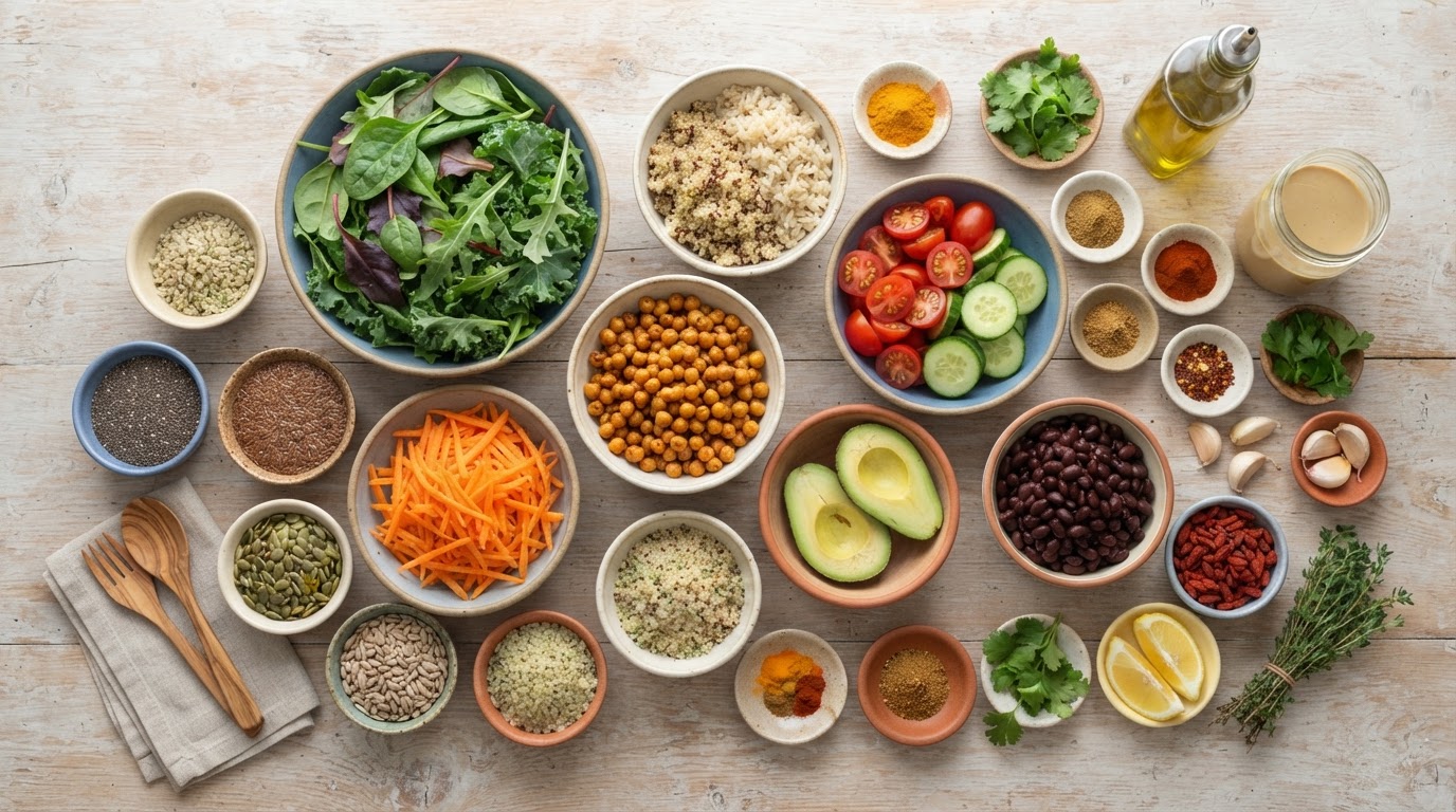 Whole food nutrient-dense ingredients in clean kitchen bowls
