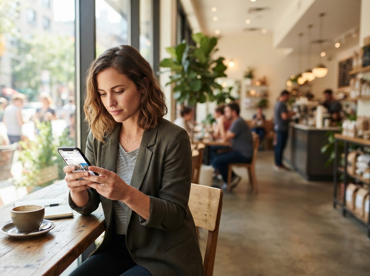 Local business owner looking at a social media ad on their phone