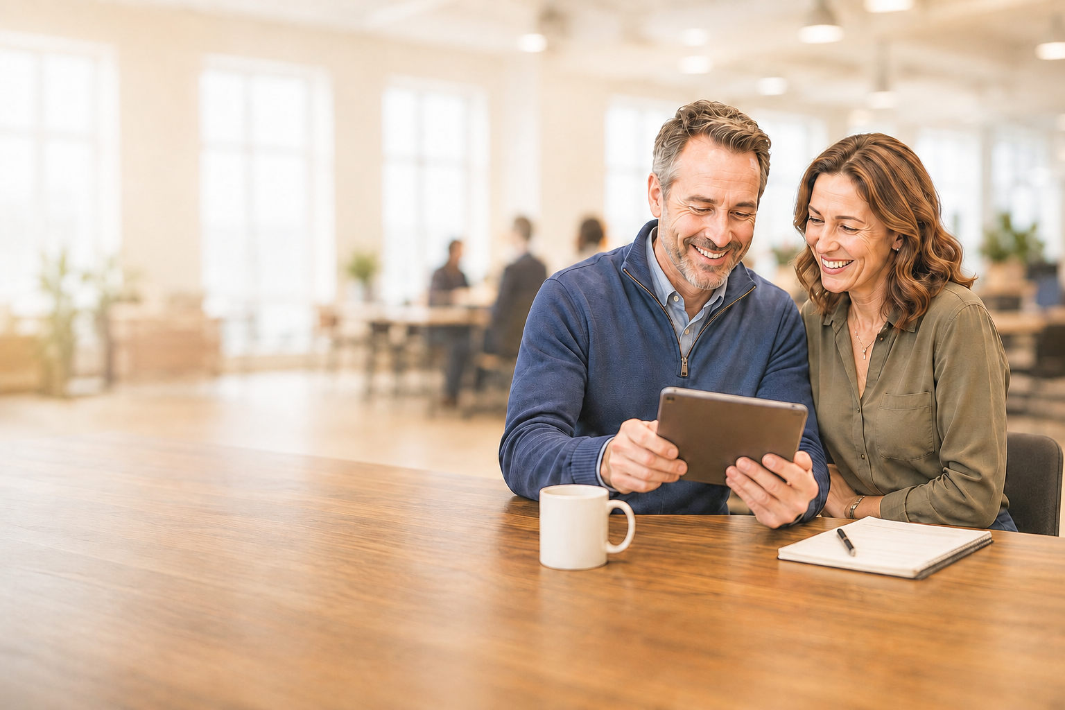 Business professionals collaborating on a tablet in a bright office