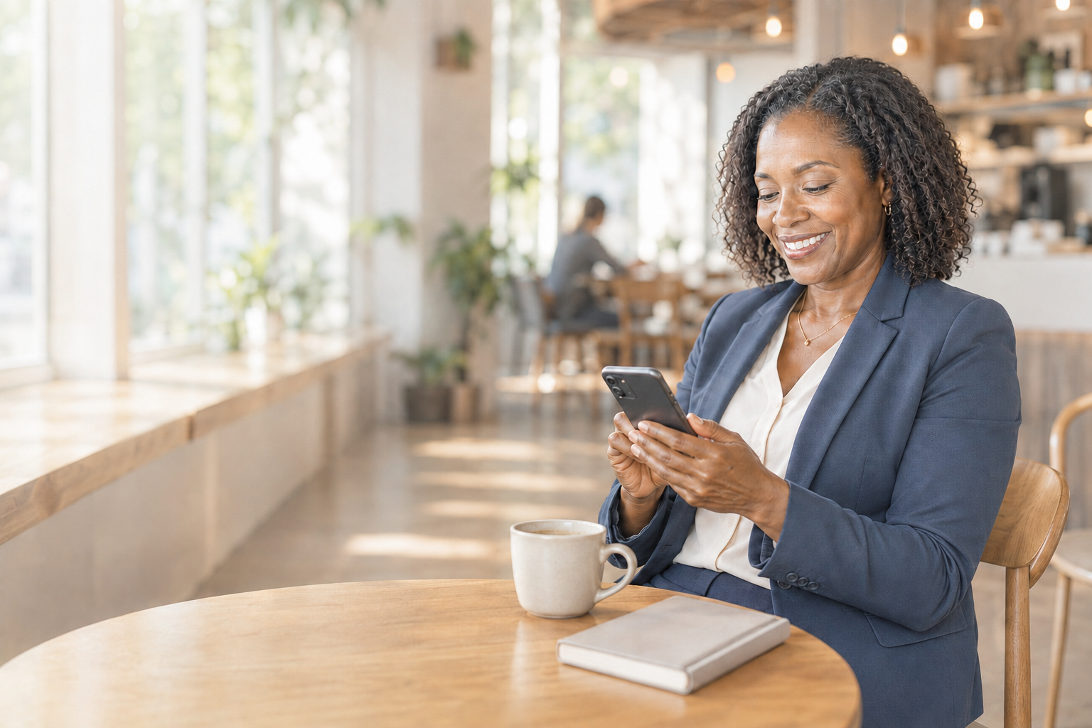 Smiling Area Director checking her phone notifications in a cafe