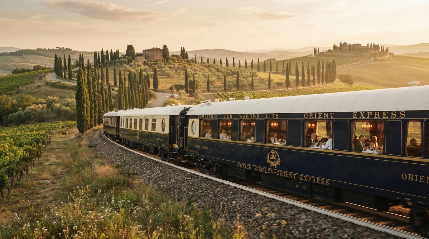 A brass-trimmed Orient Express carriage traveling through cypress-lined countryside at golden hour