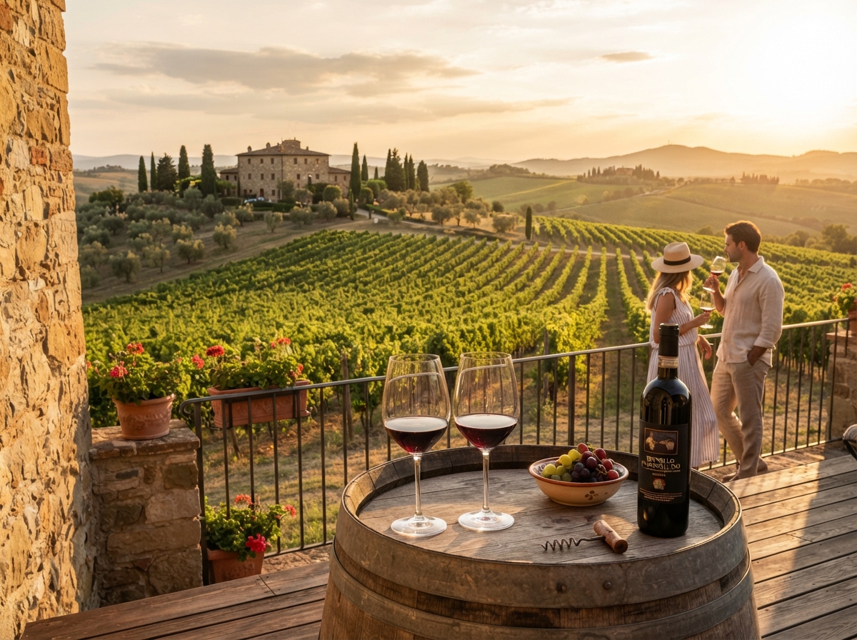 Tuscan vineyard in Montalcino with Brunello wine glasses at golden hour