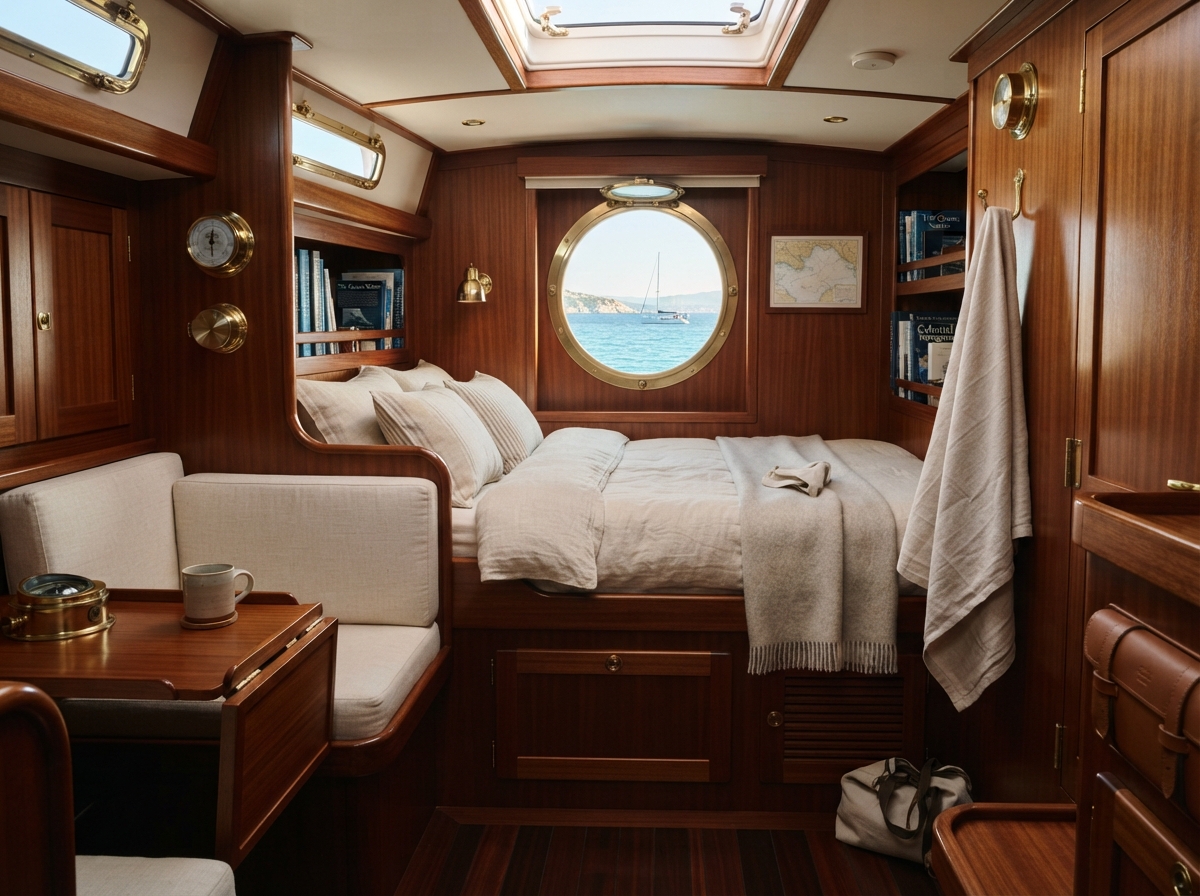Sailing yacht cabin interior with polished wood and brass details
