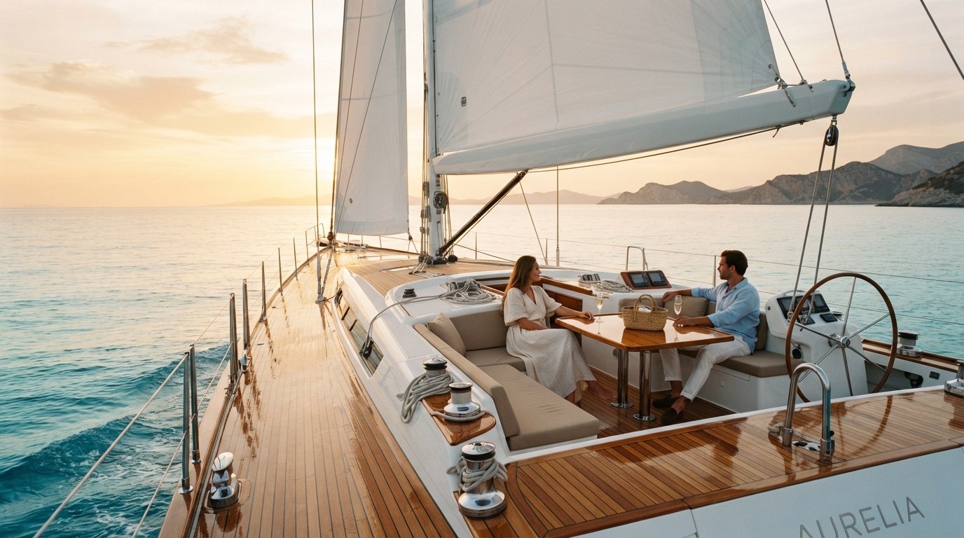 Luxury sailing yacht deck at golden hour on calm sea