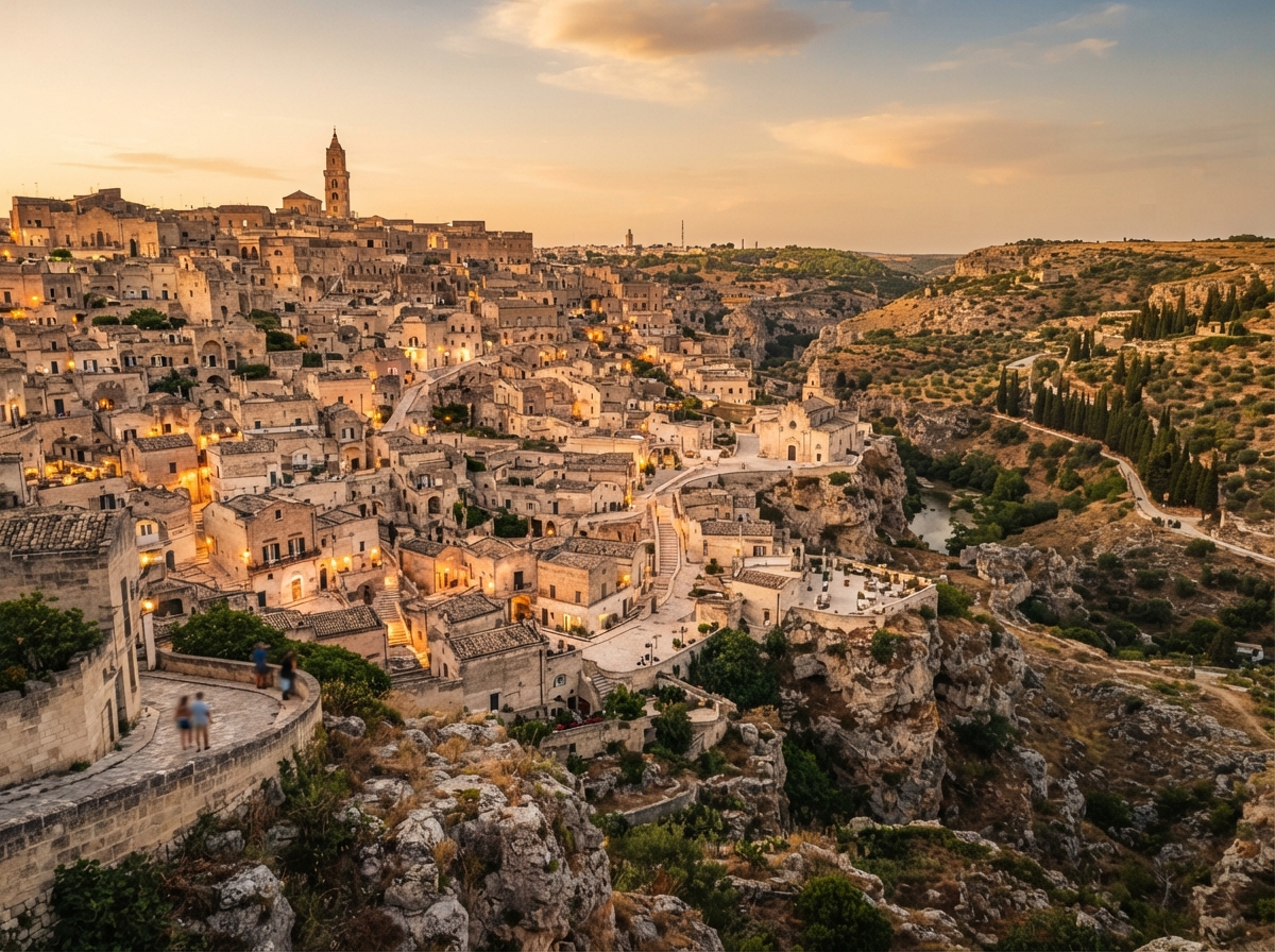 Ancient stone city of Matera with cave dwellings on hillside at golden hour