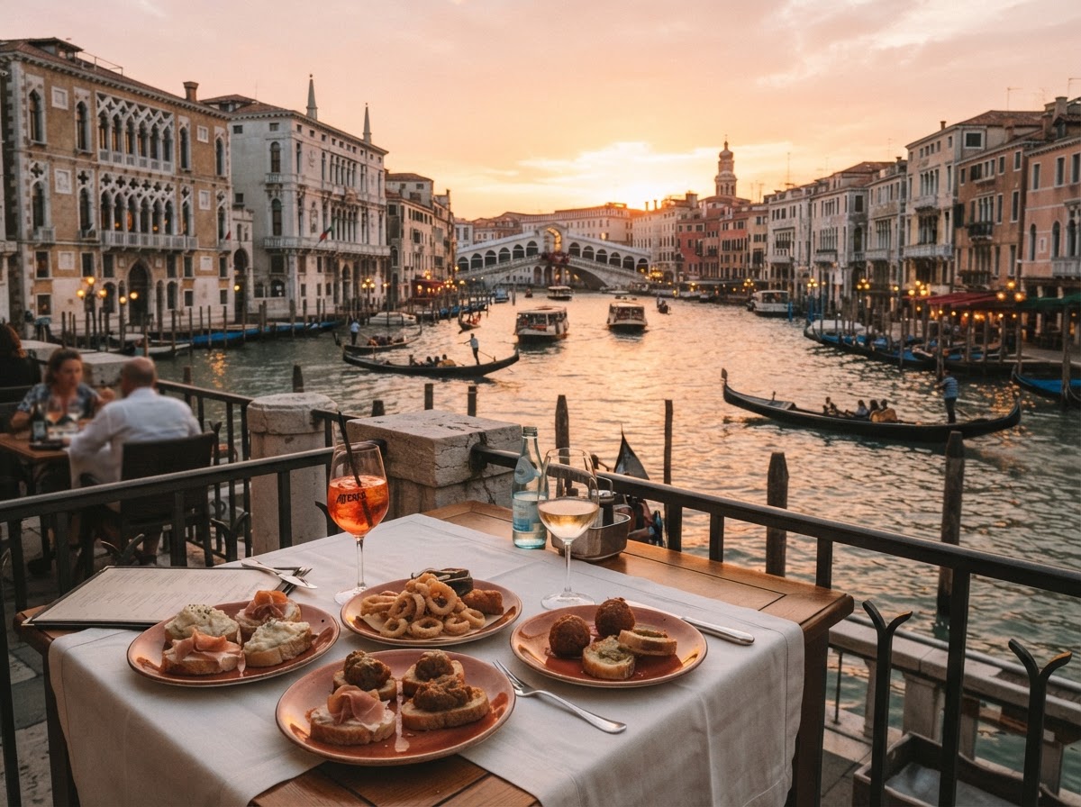 Venice Grand Canal at sunset with culinary cicchetti tasting experience