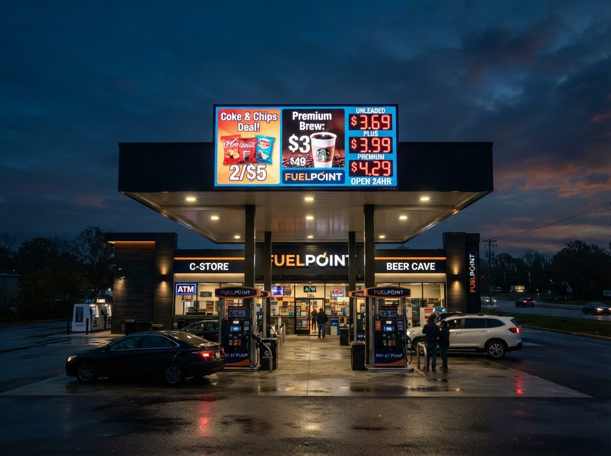 Building-mounted sheet-size outdoor LED sign at a gas station displaying promotions