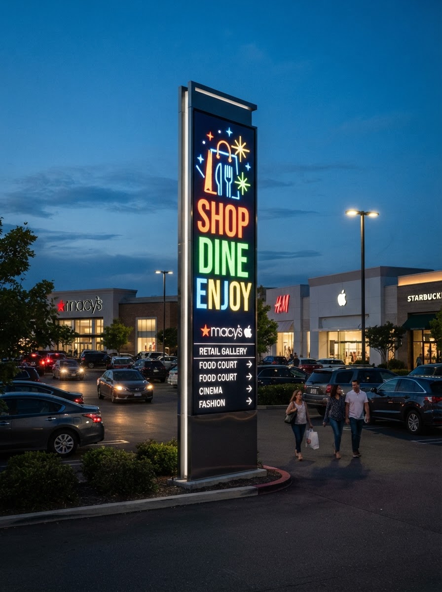 Digital pylon totem in shopping center parking lot