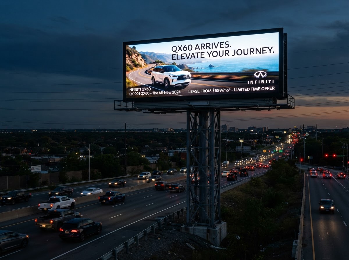 Massive roadside digital billboard LED display beside a busy highway at dusk showing bright advertising