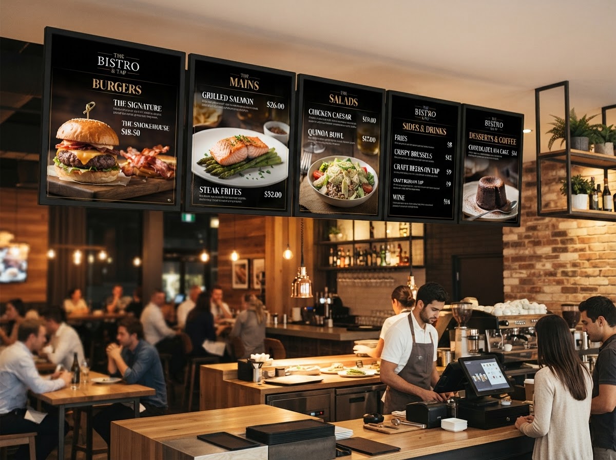 Digital menu board showing restaurant food items and prices